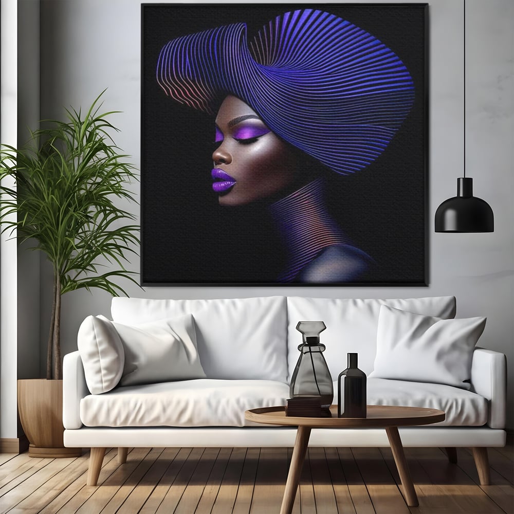 Tablou canvas cu portret digital de femeie cu fusta plisata, in rama de aluminiu negru, pe perete intr-un living